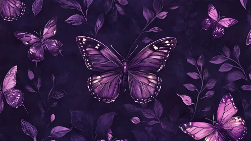Iridescent violet butterflies glide across deep botanical ground