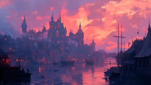 Twilight fantasy harbor city under glowing magenta skies.