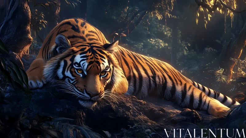 Low-angle jungle render shows resting tiger in rim-lit twilight