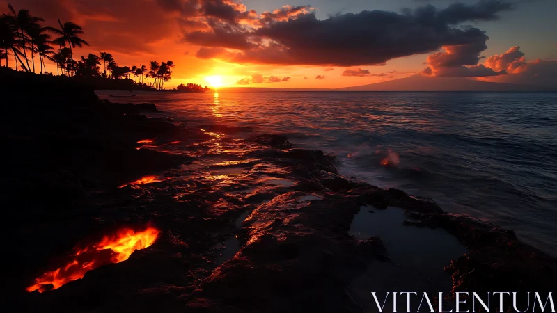 Photorealistic volcanic shoreline at tropical sunset horizon.