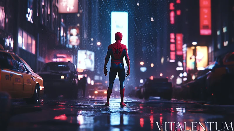 Lone masked hero stalks neon city streets in silver rain.