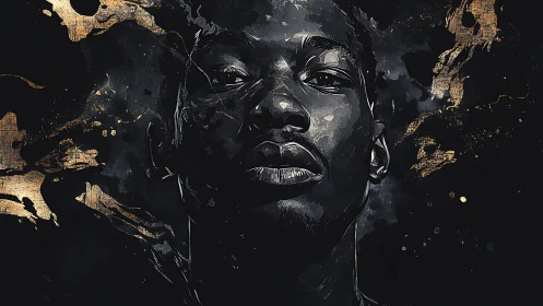 Stoic male portrait emerges from dark abstract gold field