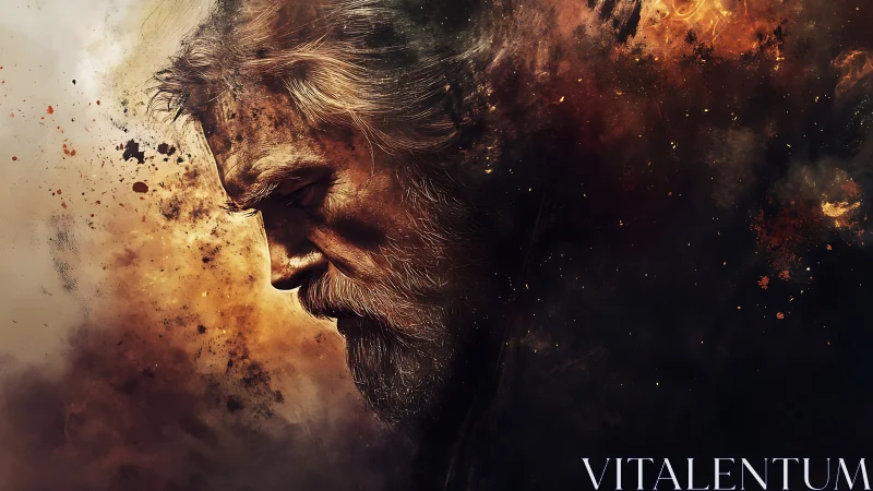 Weathered old warrior dissolves into fiery painted smoke