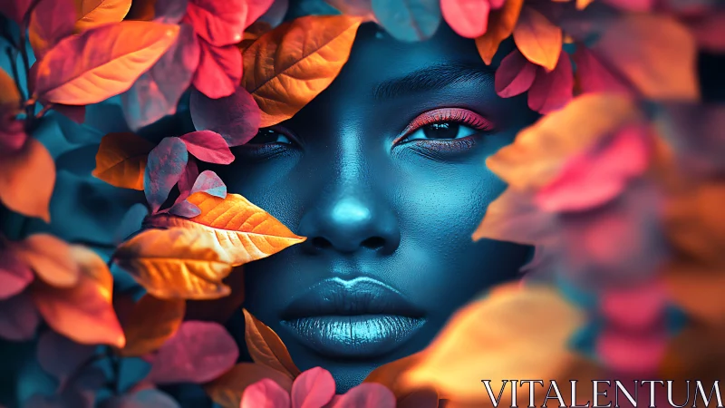 Chromatic portrait within neon foliage and cyan complexion.