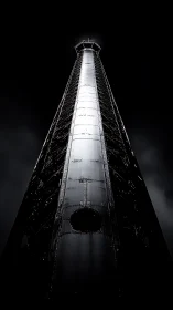 Monolithic industrial tower rising into voided darkness.