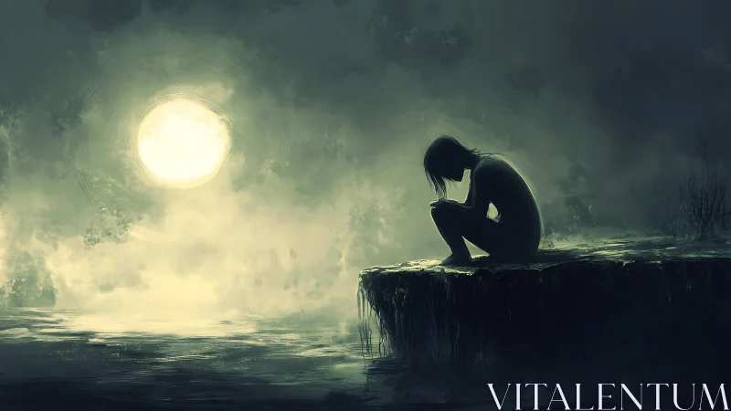 Silhouetted figure crouches on cliff edge under diffuse lunar backlight