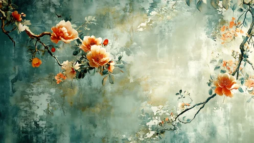 Botanical branches intersect textured teal patina field