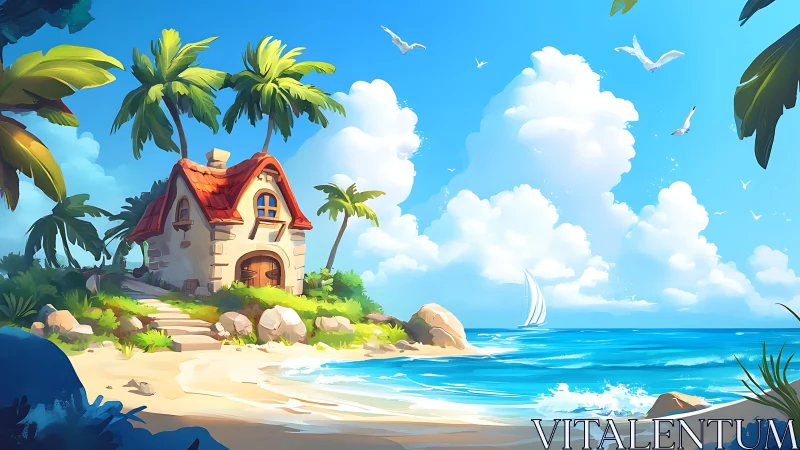 Tropical Coastal Villa with Red-Tiled Roof and Sailboat on Turquoise Waters