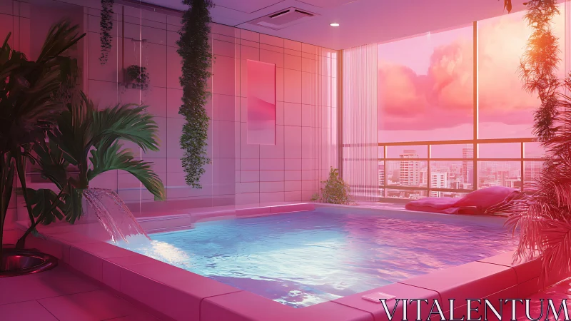 Sunset-lit rooftop pool lounge with lush modern greenery.