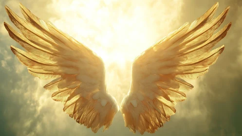 Golden angel wings flare against radiant celestial light.