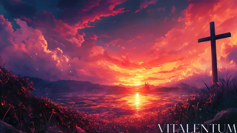 Crimson sunset sky ignites tranquil lakeside with wooden cross