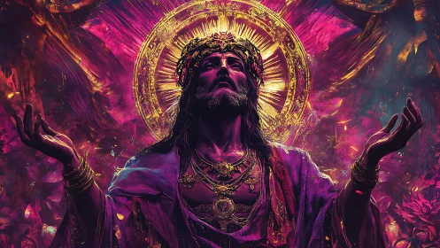 Radiant crowned figure rising in luminous pink and gold glory.