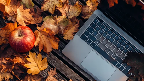 Laptop on rustic wood with autumn leaves and red apple.
