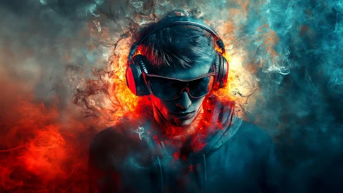 Hooded gamer in headphones surrounded by fiery neon smoke