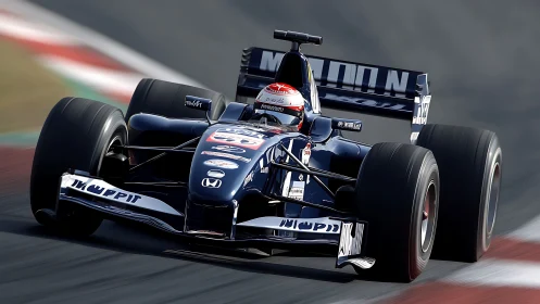 Mid-corner racing drama with a sleek navy Formula car.