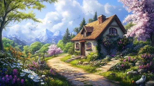 Storybook cottage nestles amid blooming spring valley garden.