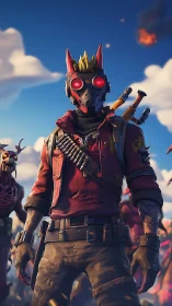 Postapocalyptic fox-masked warrior facing undead horde.