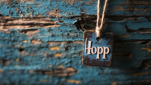Weathered blue wood background with rustic Hopp tag