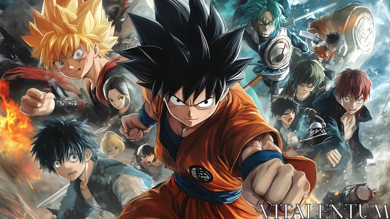 Group of anime fighters in dynamic forward combat pose.