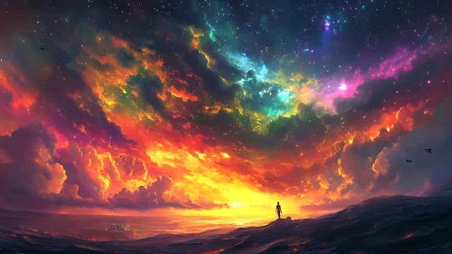 Silhouetted figure beneath multicolored cosmic sky over sea.