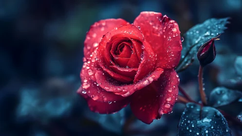 Rain-kissed crimson rose glowing in midnight garden hush.