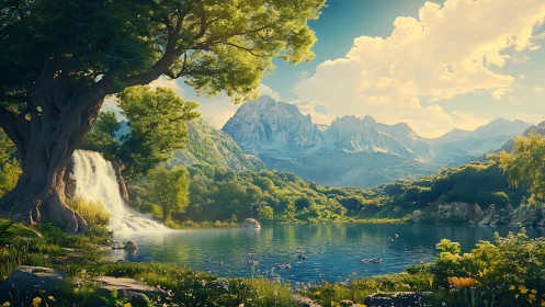 Sunlit mountain lake with waterfall beside ancient tree