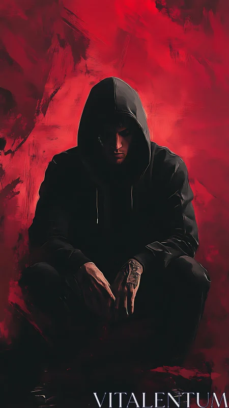 Hooded figure sits in crimson shadow, tension rising hard.