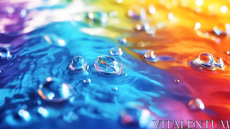 Multicolored liquid surface shows macro droplets in sharp focus