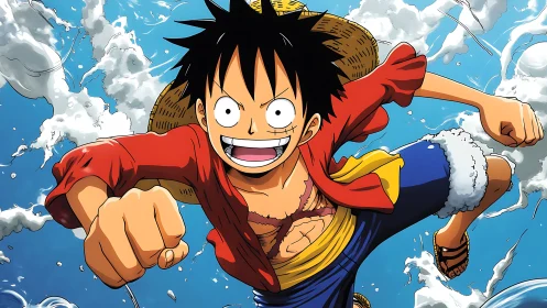 Straw hat boy springs forward through bright blue sky