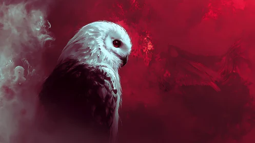 Majestic White Owl in Surreal Red Mist Digital Art Scene.