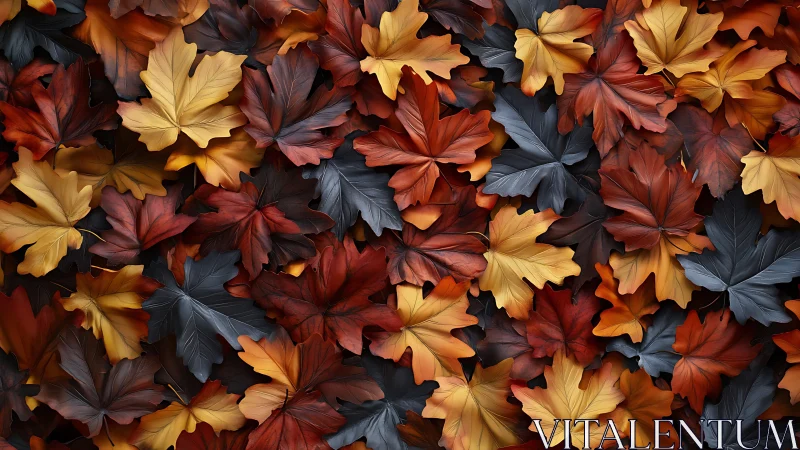 Layered autumn leaves in mixed warm and cool tones.