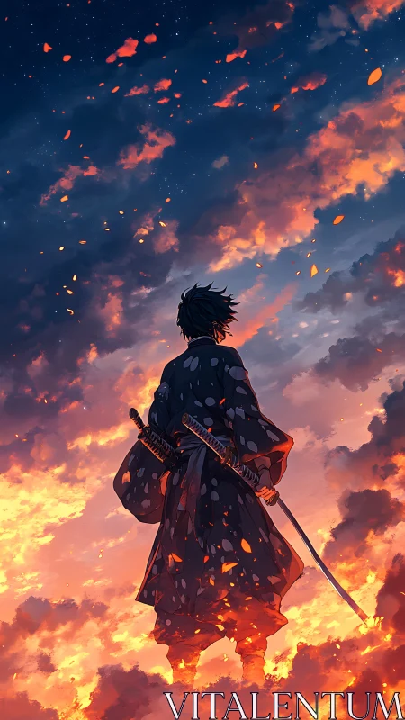 Lone samurai bathed in sunset clouds and quiet embers.