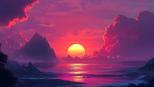Vibrant digital seascape sunset behind distant mountains.