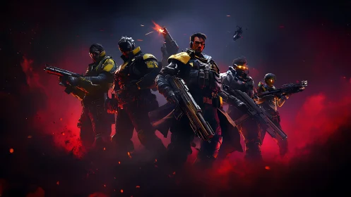 Futuristic armored squad with rifles in red battle smoke.