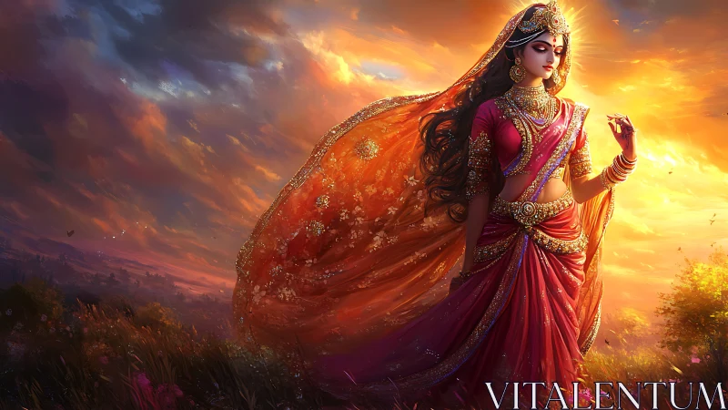 Divine woman in ornate saree strides through incandescent dusk sky