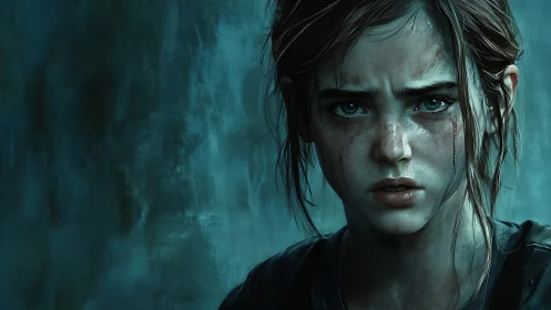 Digital painting portrait of wounded girl in teal chiaroscuro.