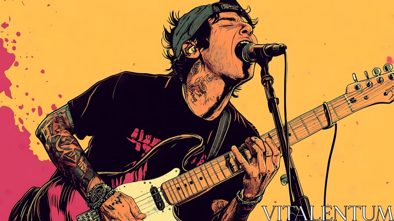 Ink-splashed rock guitarist screams into the mic onstage