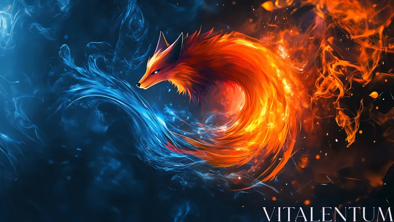 Fiery spirit fox curls through swirling blue flame magic