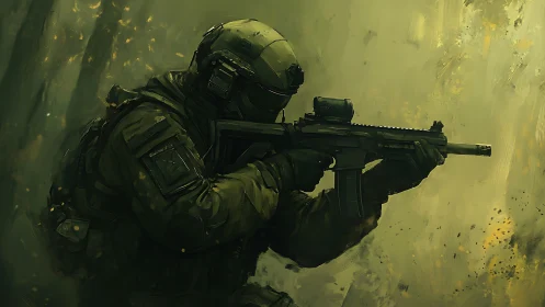 Tactical soldier advances through smoky battlefield haze.