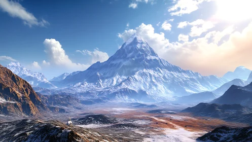 Snow covered mountain peak over wide valley at sunrise.