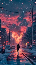 Snowfall stitches neon twilight over a lone city wanderer