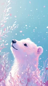 Polar bear cub in pastel snowfield with drifting petals.