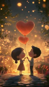 Two cartoon children holding glowing red heart-shaped balloons in golden light.