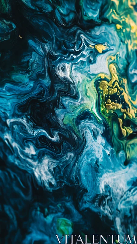 Swirling teal and yellow fluid abstract texture artwork.