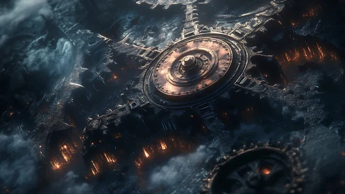 Cyberpunk infernal gearworks with radial industrial core.