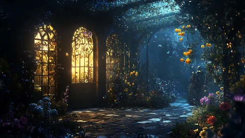 Enchanted garden walkway glowing with gentle golden light.