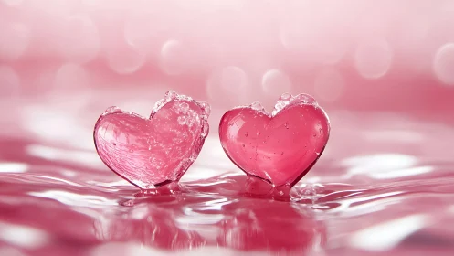 Two Crystalline Pink Hearts Rest on Liquid Surface.