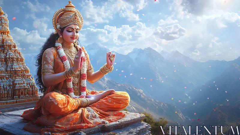 Digital painting of serene Hindu goddess in alpine mandala space.