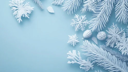 Frosted white fir branches and snowflakes on pastel blue background