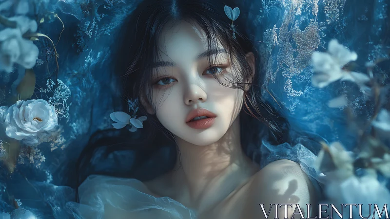Cinematic blue portrait of ethereal woman amid translucent florals